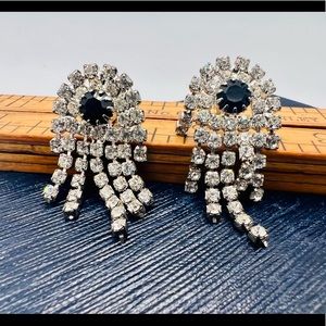 Vintage silver rhinestone fringe pierced earrings black accent dangles unique